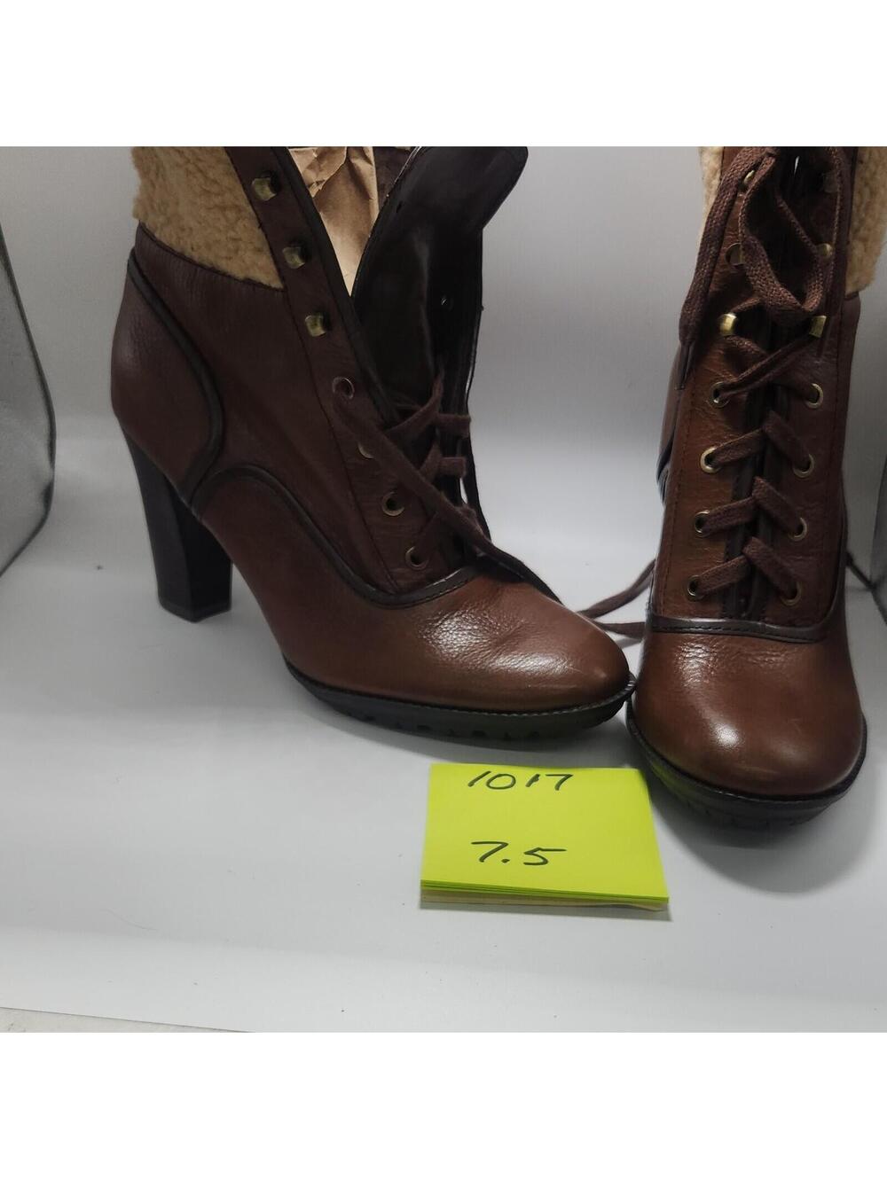 Franco Sarto Women’s Brown Leather Lace-Up Ankle Booties Fur Trim Round Toe 7.5